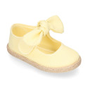 Cotton canvas espadrille shoes little Mary Jane style with hook and loop strap and bow.