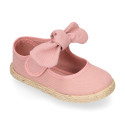 Cotton canvas espadrille shoes little Mary Jane style with hook and loop strap and bow.