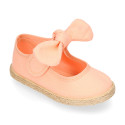 Cotton canvas espadrille shoes little Mary Jane style with hook and loop strap and bow.