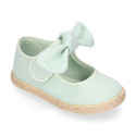 Cotton canvas espadrille shoes little Mary Jane style with hook and loop strap and bow.