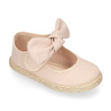 Cotton canvas espadrille shoes little Mary Jane style with hook and loop strap and bow.