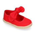 Cotton canvas espadrille shoes little Mary Jane style with hook and loop strap and bow.