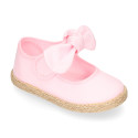 Cotton canvas espadrille shoes little Mary Jane style with hook and loop strap and bow.