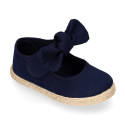 Cotton canvas espadrille shoes little Mary Jane style with hook and loop strap and bow.