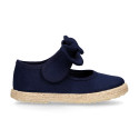 Cotton canvas espadrille shoes little Mary Jane style with hook and loop strap and bow.