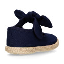 Cotton canvas espadrille shoes little Mary Jane style with hook and loop strap and bow.