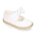 Cotton canvas espadrille shoes little Mary Jane style with hook and loop strap and bow.