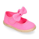 Cotton canvas espadrille shoes little Mary Jane style with hook and loop strap and bow.