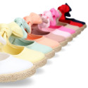 Cotton canvas espadrille shoes little Mary Jane style with hook and loop strap and bow.