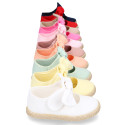 Cotton canvas espadrille shoes little Mary Jane style with hook and loop strap and bow.