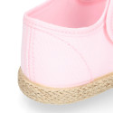 Cotton canvas espadrille shoes little Mary Jane style with hook and loop strap and bow.