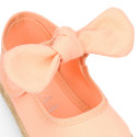 Cotton canvas espadrille shoes little Mary Jane style with hook and loop strap and bow.