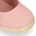 Cotton canvas espadrille shoes little Mary Jane style with hook and loop strap and bow.