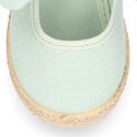 Cotton canvas espadrille shoes little Mary Jane style with hook and loop strap and bow.