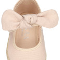 Cotton canvas espadrille shoes little Mary Jane style with hook and loop strap and bow.