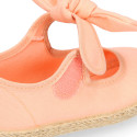 Cotton canvas espadrille shoes little Mary Jane style with hook and loop strap and bow.