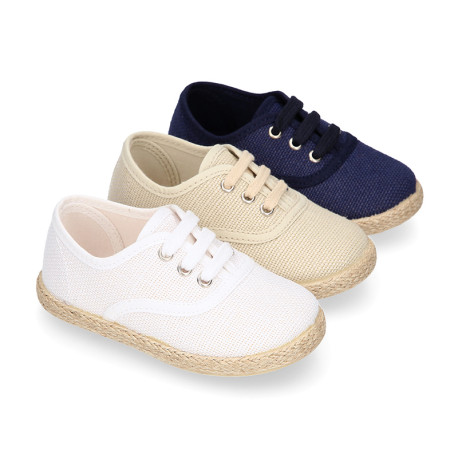 LINEN canvas Kids Bamba type espadrille shoes with ties closure.