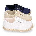 LINEN canvas Kids Bamba type espadrille shoes with ties closure.