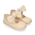 Natural Linen canvas espadrille shoes little Mary Jane style with hook and loop strap and bow.