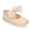 Natural Linen canvas espadrille shoes little Mary Jane style with hook and loop strap and bow.