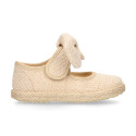 Natural Linen canvas espadrille shoes little Mary Jane style with hook and loop strap and bow.