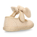 Natural Linen canvas espadrille shoes little Mary Jane style with hook and loop strap and bow.