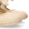 Natural Linen canvas espadrille shoes little Mary Jane style with hook and loop strap and bow.