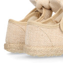 Natural Linen canvas espadrille shoes little Mary Jane style with hook and loop strap and bow.