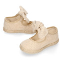 Natural Linen canvas espadrille shoes little Mary Jane style with hook and loop strap and bow.