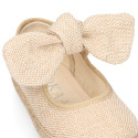 Natural Linen canvas espadrille shoes little Mary Jane style with hook and loop strap and bow.