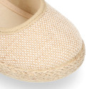 Natural Linen canvas espadrille shoes little Mary Jane style with hook and loop strap and bow.