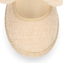 Natural Linen canvas espadrille shoes little Mary Jane style with hook and loop strap and bow.