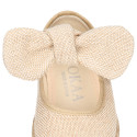 Natural Linen canvas espadrille shoes little Mary Jane style with hook and loop strap and bow.