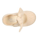 Natural Linen canvas espadrille shoes little Mary Jane style with hook and loop strap and bow.