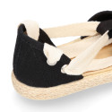 Black cotton canvas Dancer style espadrille shoes.