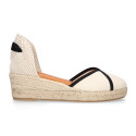 Cotton canvas woman wedge sandals espadrille shoes with tulip design.