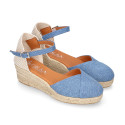 Jeans cotton canvas woman wedge sandals espadrille shoes with tulip design.