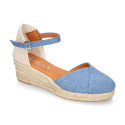 Jeans cotton canvas woman wedge sandals espadrille shoes with tulip design.