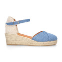 Jeans cotton canvas woman wedge sandals espadrille shoes with tulip design.