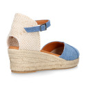 Jeans cotton canvas woman wedge sandals espadrille shoes with tulip design.