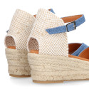 Jeans cotton canvas woman wedge sandals espadrille shoes with tulip design.