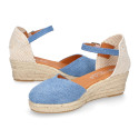 Jeans cotton canvas woman wedge sandals espadrille shoes with tulip design.