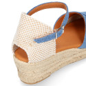 Jeans cotton canvas woman wedge sandals espadrille shoes with tulip design.