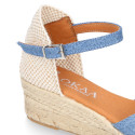 Jeans cotton canvas woman wedge sandals espadrille shoes with tulip design.