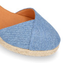 Jeans cotton canvas woman wedge sandals espadrille shoes with tulip design.