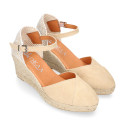 Suede leather woman wedge sandals espadrille shoes with tulip design.