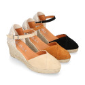 Suede leather woman wedge sandals espadrille shoes with tulip design.