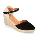 Suede leather woman wedge sandals espadrille shoes with tulip design.