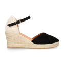 Suede leather woman wedge sandals espadrille shoes with tulip design.