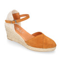 Suede leather woman wedge sandals espadrille shoes with tulip design.